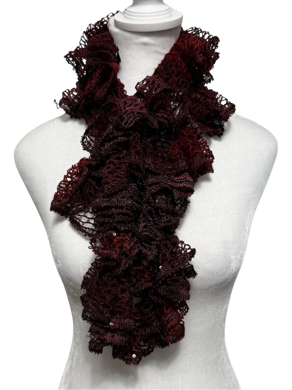 Handmade Ruffle Crochet Scarf Womens Open Knit Dark Romantic Whimsigoth Burgundy